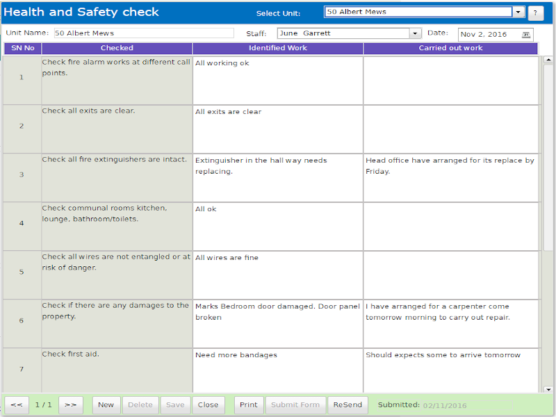 Health and Safety check page
